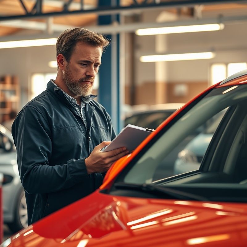 Savjetnik s podlogom pregledava rabljeni auto u osvijetljenom pregledom boksu